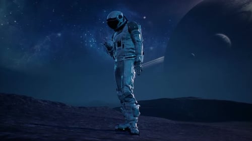 Ein Astronaut ruft von einem fremden Planeten nach Hause