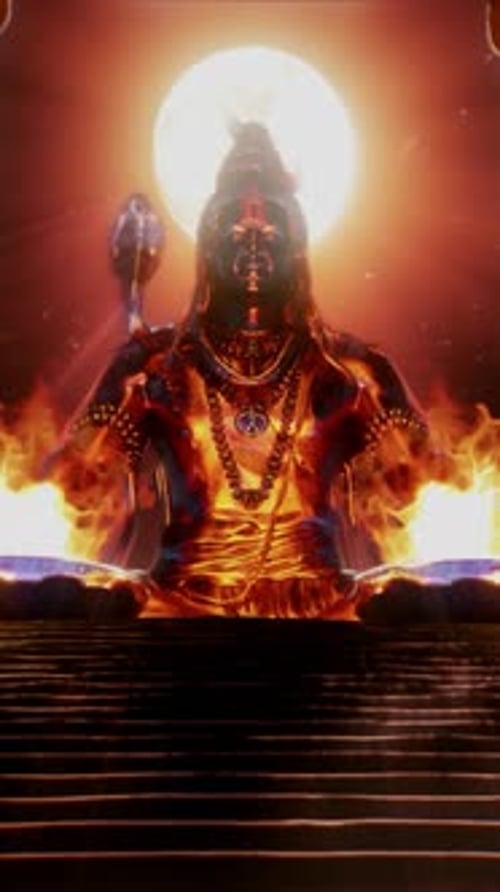 Majestueuse statue de Shiva rayonnante de lumière cosmique, entourée de mandalas à géométrie sacrée et rayonnante