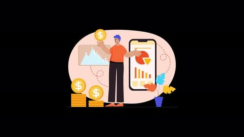 Animated Financial Analytics and Mobile App Flat Design Illustration