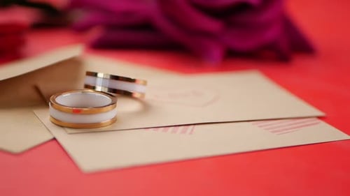 Wedding Rings on Envelopes with Roses