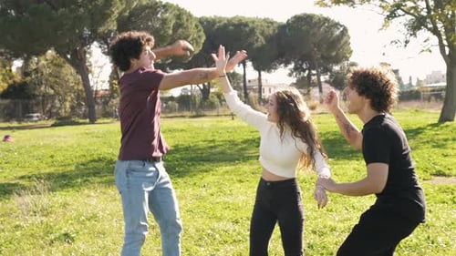 friendship, youth - three young friends rejoice in the park hugging each other