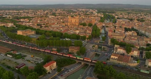 Narbonne South of France Drone View of the Railway Along Which a Freight Train is Moving