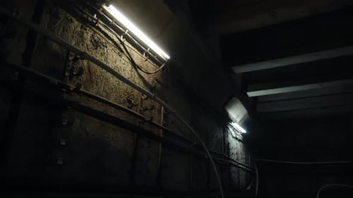 Schwach beleuchteter unterirdischer Industrietunnel mit rauen Betonwänden, freigelegten Kabeln und Leitungen und