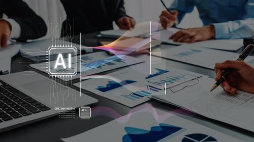 Reunião de negócios sobre análise de dados de inteligência artificial com gráficos e imagens, chá colaborativo