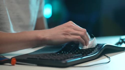 Hands Cleaning Black Keyboard with White Cloth