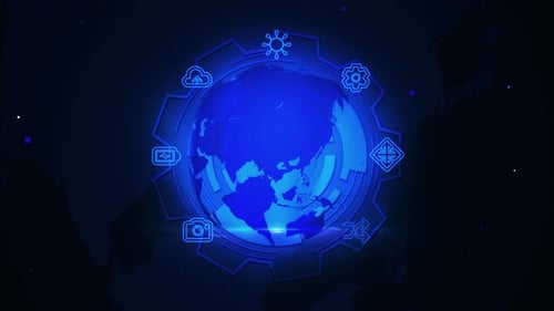 Rotating Futuristic Blue Globe With Digital Icons