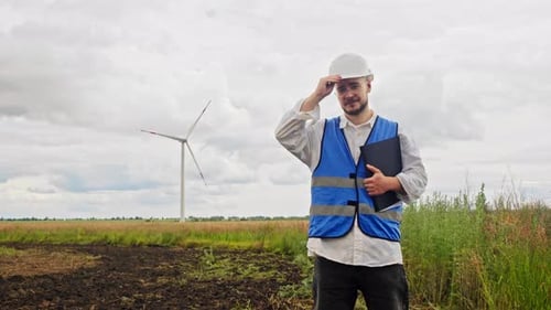 Before Starting Performance Check of Wind Turbine Young Inspector Puts Helmet on His Head in