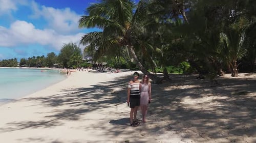 Romantic couple standing on a sandy beach under palm trees in a tropical paradise, with turquoise wa