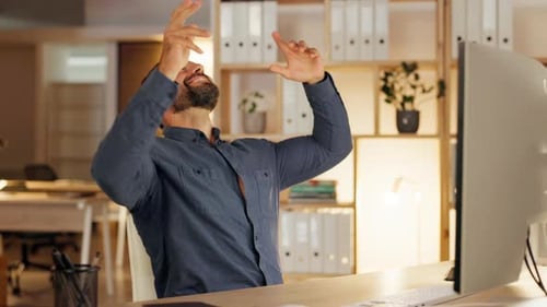 Business man throw papers in office success, winning or celebration news