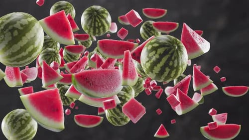 Floating Watermelon Slices and Whole Fruits Animation