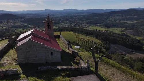 Aerial view of church with vineyards, Portugal.