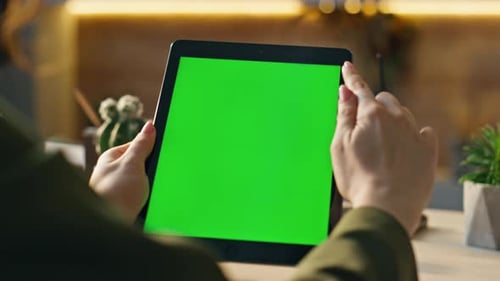 Unknown Businesswoman Using Chromakey Tablet for Internet Surfing Office Closeup