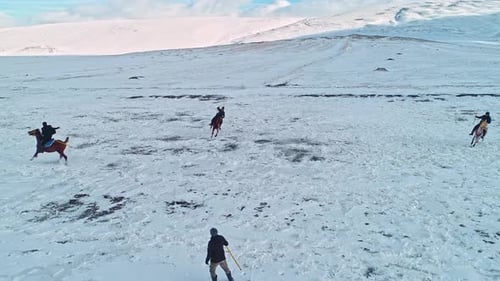 Horses Galloping Across Snow Covered Plain in Winter
