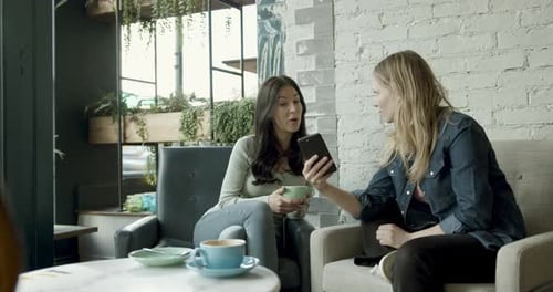 Female friends in cafe looking at smart phone, wireless technology friendship togetherness