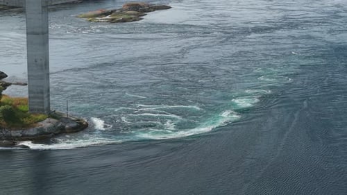 Fast-moving Tidal Water Forms Swirling Eddies and Powerful Currents at Saltstraumen, Norway -