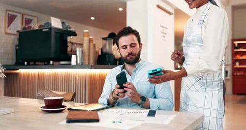 Man, waiter and customer with phone on pos machine at cafe for payment or wireless transaction