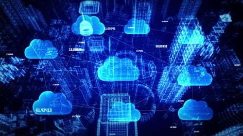 Cyber Smart Digital City mit abstrakten Hologramm-Gebäuden