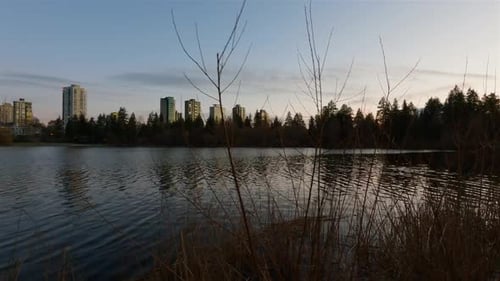 Vista da Lagoa Perdida no famoso Stanley Park em uma cidade moderna com o horizonte dos edifícios ao fundo