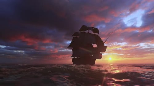 Barco pirata navegando en galeón al atardecer