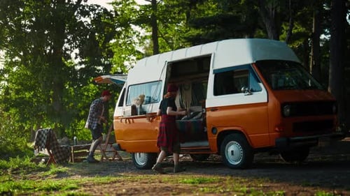 Active Lifestyle and Rest in Nature Tourists Traveling By Motorhome in Forest Nature Lovers Using