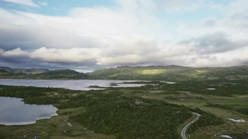 Drone Flight Over Serene Green Landscape With Remote Houses