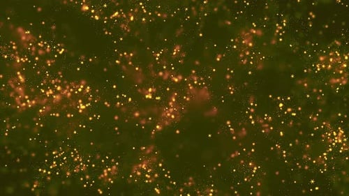 Flying gold particles and tiny stars on a dark background abstract film