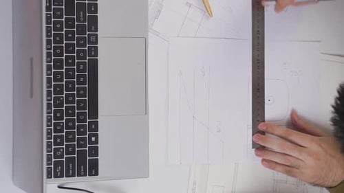 Vertikales Video eines Ingenieurs, der Zeichnungen macht.