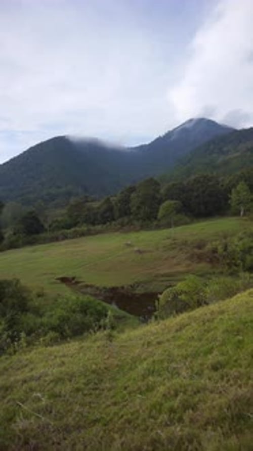 portraits of beautiful natural mountain views, panoramic views of hills, clear skies in the morning