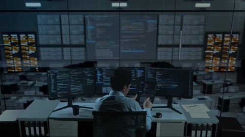 Asian Man Working With Tablet While Write Code With Multiple Computer Screens In office