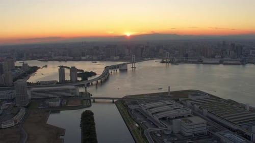 Tokyo, Japan Circa-2018. Sunset Over Tokyo Bay and Rainbow Bridge. From