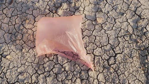 Una bolsa de plástico vuela en tierra seca: desastre ambiental