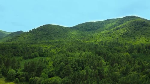 Aerial video view from drone on natural landscape mountain pass under blue sky and clouds. Rural co