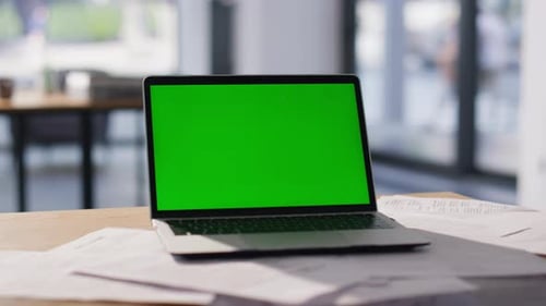 Chroma Key Laptop Placed on Modern Workspace Closeup Green Screen Computer