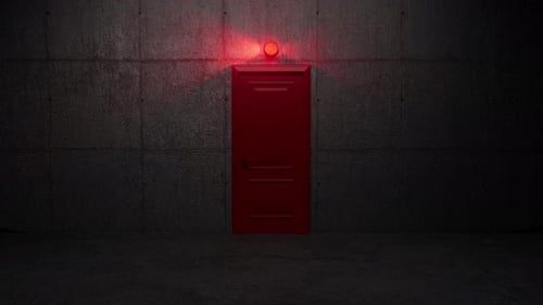 Red emergency exit door blinking light in dark room