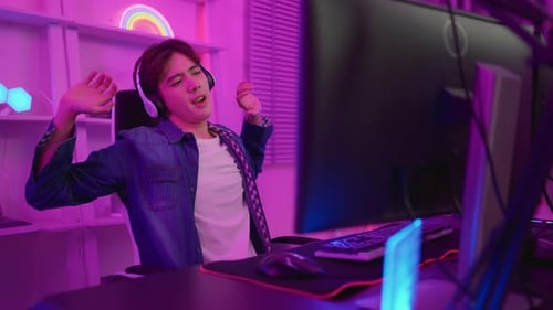 Young Adult Puts on Headphones and Stretches