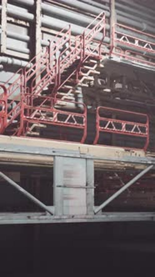 Industrial Structure with Red Railings and Stairways in a Large Facility