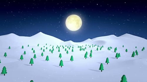 Geometric Winter Night Scene with Moon and Falling Snow