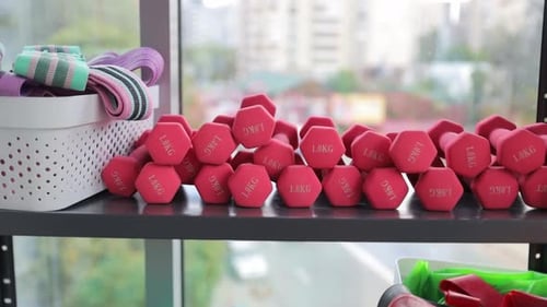 View of Red Dumbbells Gym Sport and Healthy Lifestyle Concept