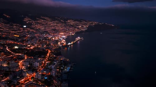 Aerial Night View of Funchal Harbor and Coastline in Madeira