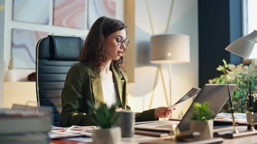 Woman Manager Working Office Modern Company Close Up Worker Looking on Papers