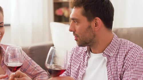 Happy couple celebrating anniversary at home with wine