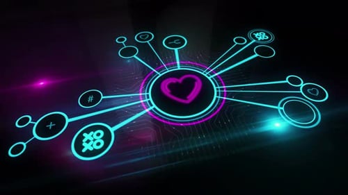 Digital Love Connection Network with Glowing Neon Icons Animation
