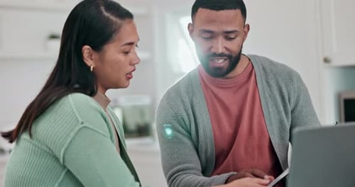 Laptop, budget planning and couple in kitchen with mortgage payment documents