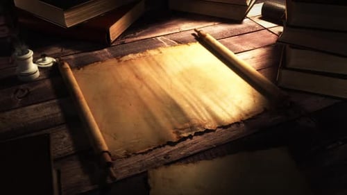 Aged Paper Scroll Unrolls on Old Wooden Desk Reveal