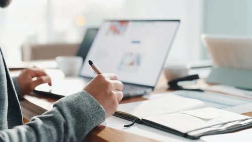 Finance, writing and business man on laptop for budget report, accounting and company profits