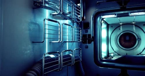 Intérieur du module spatial avec supports de rangement et murs illuminés