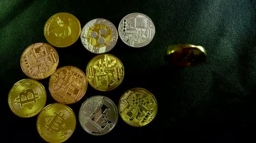 Bitcoin, Litecoin, Titan, Gold, Silver, Cooper Shot et un Bitcoin en train de pécher.