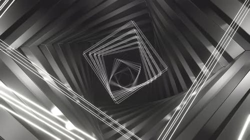Schwarzweißbewegung spiralförmiger Neons durch den quadratischen Tunnelhintergrund VJ Loop in 4K