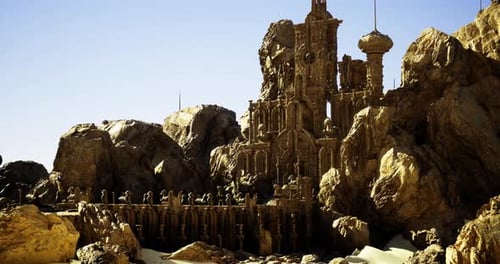 Majestic Sandcastle Fortress Rises Amidst Desert Rocks Under Clear Sky