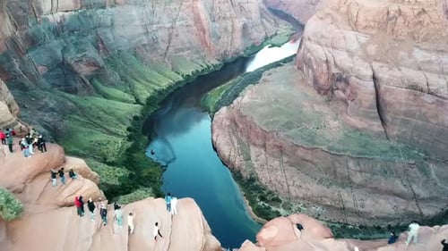 Aerial Shot Of Tourists At Horseshoe Bend Overlook Lookout Viewpoint, Arizona